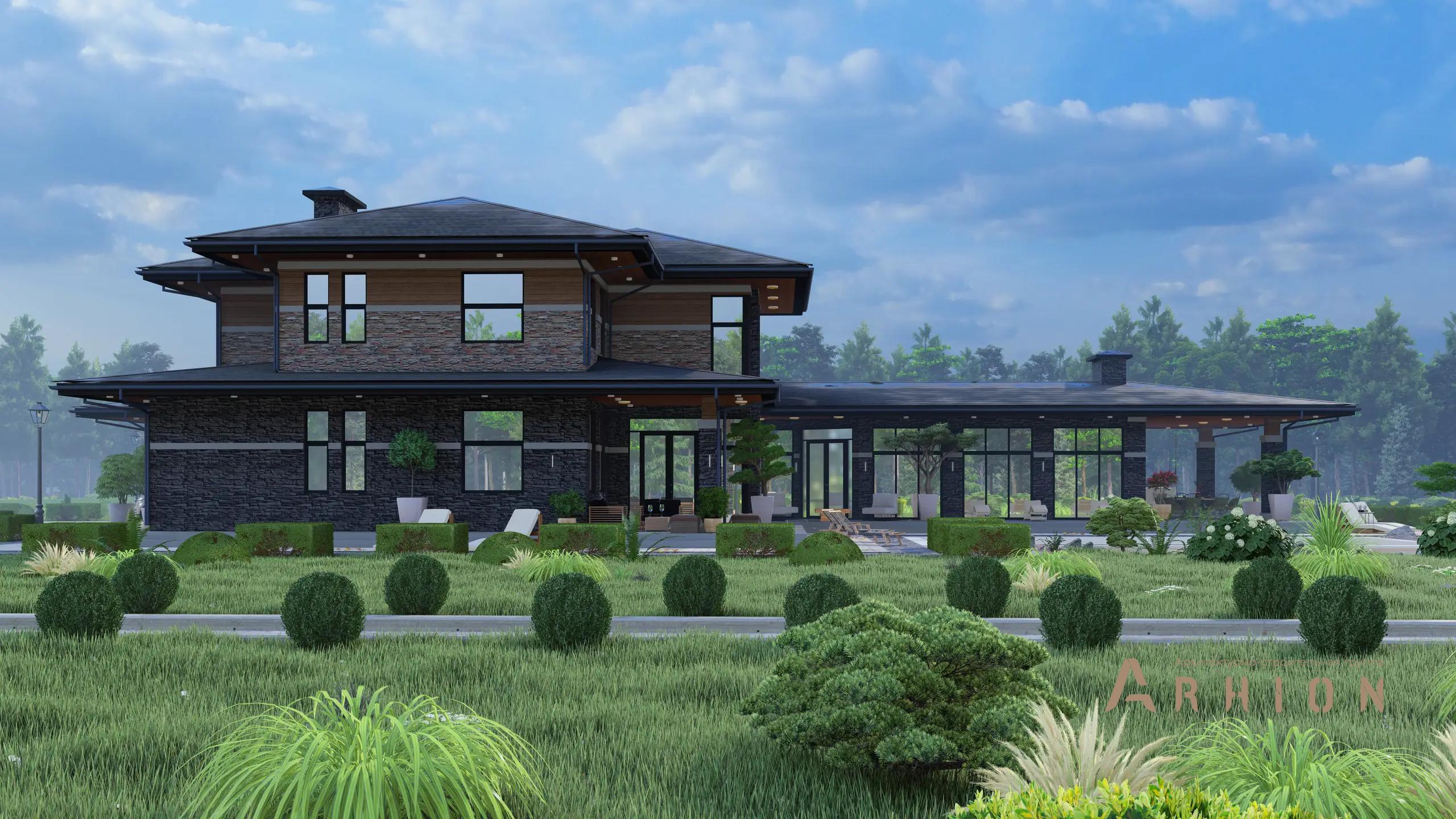 6. Проект двухэтажного дома в стиле Ллойда Райта (прерий) с четырехскатной, h-1604, площадью - 433 кв c сауной, терассой, гаражом, бассейном